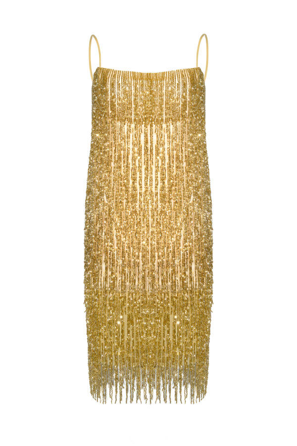 Vestido flecos ámbar dorado Crystal gold dress